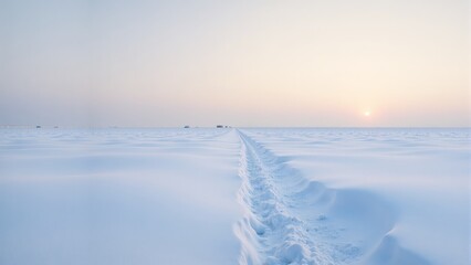 Obraz premium Winter Path Through Vast Snowfield at Sunset