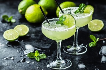 Fototapeta premium Refreshing Cocktails With Mint and Lime on a Dark Surface With Ice and Garnishes