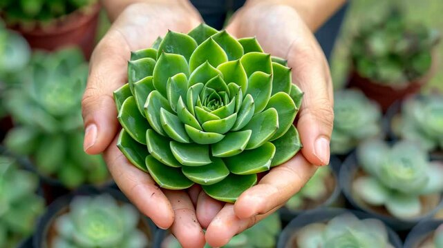 Succulent in Hands: A vibrant green succulent, showcasing its rosette pattern, is gently cradled in two hands, highlighting its delicate beauty and the connection between nature and humanity.