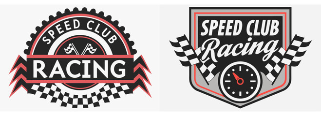 Vintage speed club racing logos with checkered flags, bold typography, and stopwatch elements for auto-themed competition or track design use