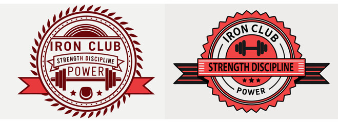 Obraz premium Iron Club gym-style insignias featuring barbells, circular badges, ribbon banners and motivational phrases like strength, power, and discipline