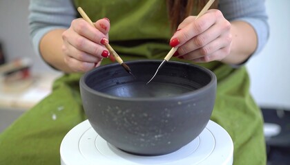 Woman painting a dark gray ceramic bowl with brushes