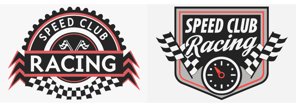 Vintage speed club racing logos with checkered flags, bold typography, and stopwatch elements for auto-themed competition or track design use