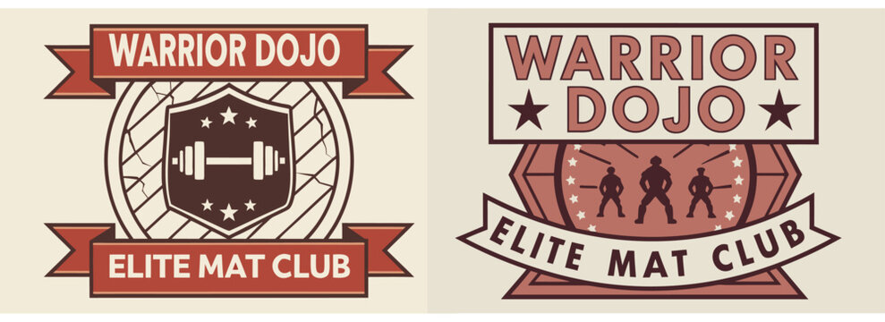 Martial arts warrior dojo elite club logos featuring fighters, gloves, circular layout, stars, and minimalist strength branding in badge format