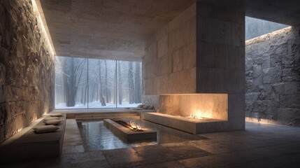 Modern stone spa with forest view