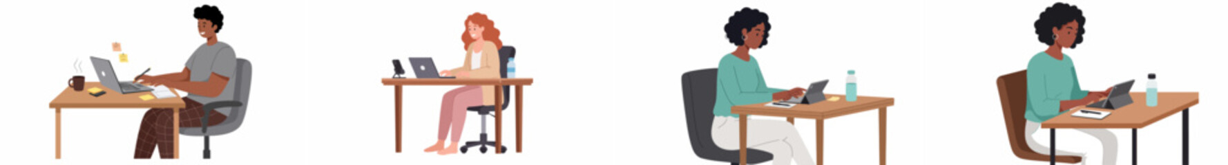 Four people working at wooden desks in a professional workspace illustration