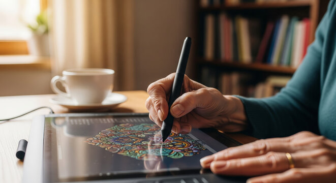 Close up photo of a senior woman's hand drawing a colorful mandala on a digital tablet with a stylus at home