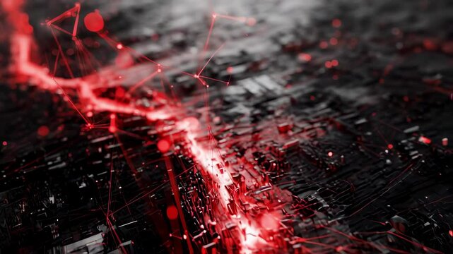 An intricate 3D rendering of a digital network is depicted showcasing interconnected nodes and pathways. Suddenly a dark shadow sweeps over the network representing a malicious hack