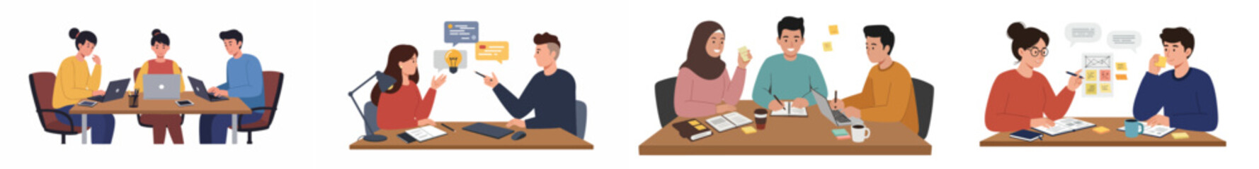 Illustration of four collaborative work scenarios in a professional office setting