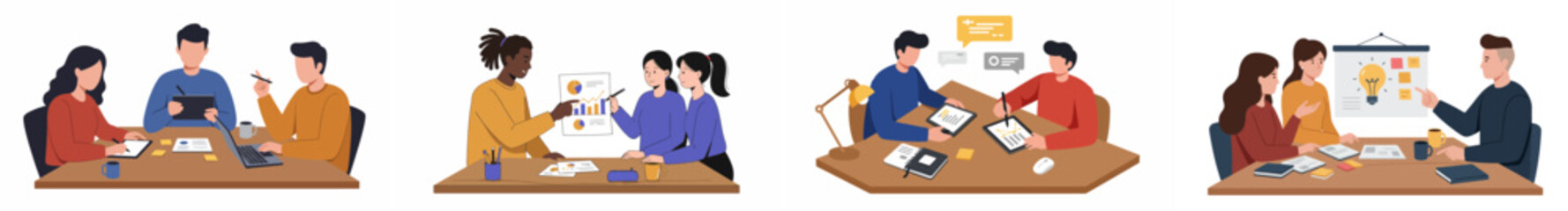 Collaborative office environment with diverse professionals working together in four distinct panels