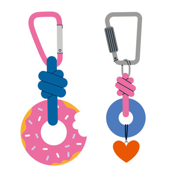 Stylish keychains with donut and heart charms on carabiners, perfect for bags or keys decoration. Trendy modern vector illustration isolated on white background, hand drawn, flat design