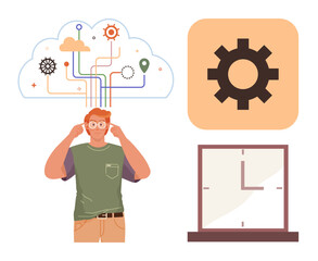 Man thinking with cloud of gears, lines, and tech symbols above. Gear and clock represent innovation, time management, and process improvement. Ideal for innovation, brainstorming, planning