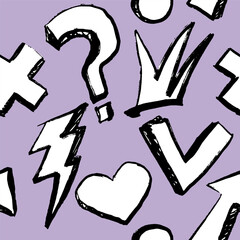 Pattern with hand drawn elements, black and white with texture. Doodles. Comic, cartoon style. Arrow, lightning, circles, crown, hart, question mark. Vector, isolated.