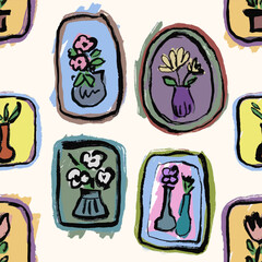 Seamless pattern with different interesting frames with flowers in abstract style. Hand draw, markers with texture. Vector, isolated. 