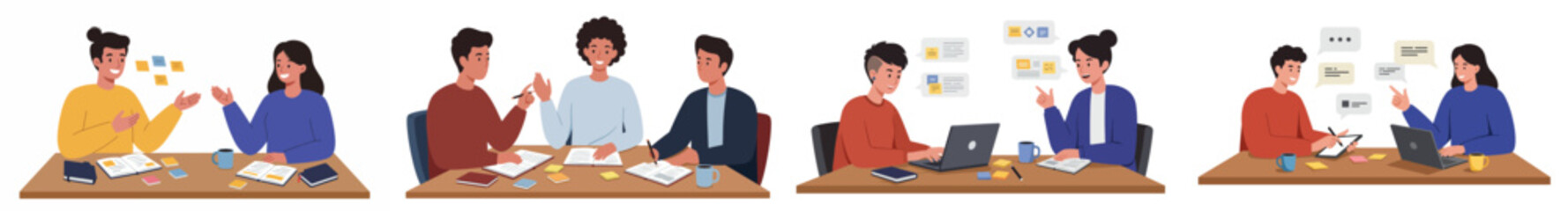 Illustration of diverse professionals collaborating in a modern office setting with laptops and documents