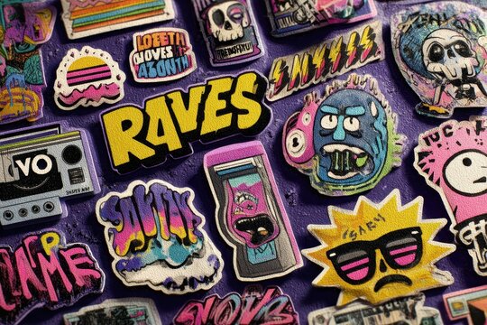 Assortment of quirky, hand-drawn cartoon monster stickers with funny expressions and witty sayings on a dark background