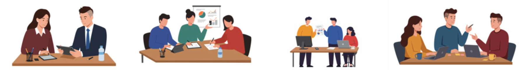Obraz premium Illustration of four professional interactions in a modern office environment