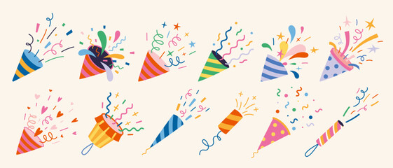 Party popper and Festive firecracker set. Exploding Confetti, streamers, sparks and colorful celebration elements. Trendy modern vector illustration isolated on background, hand drawn, flat design