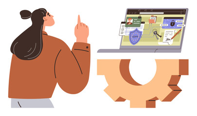 Woman pointing at a laptop displaying cybersecurity visuals thumbs up shield, padlock, folder, and links. Ideal for technology, data protection, learning, network safety, coding online security