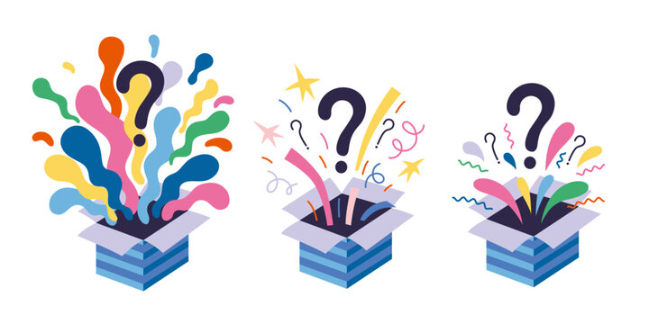 Mystery blind boxes bursting with colorful confetti and question marks set, surprise gifts or unknown rewards. Trendy modern vector illustration isolated on white background, hand drawn, flat design