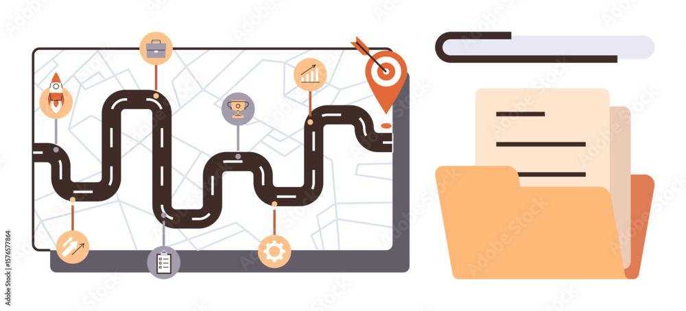 Aufkleber roadmap with milestones on curved path on digital screen and folder with documents. ideal for busine