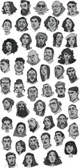 a collection of character design sketches, specifically focusing on a wide range of facial expressions and character types