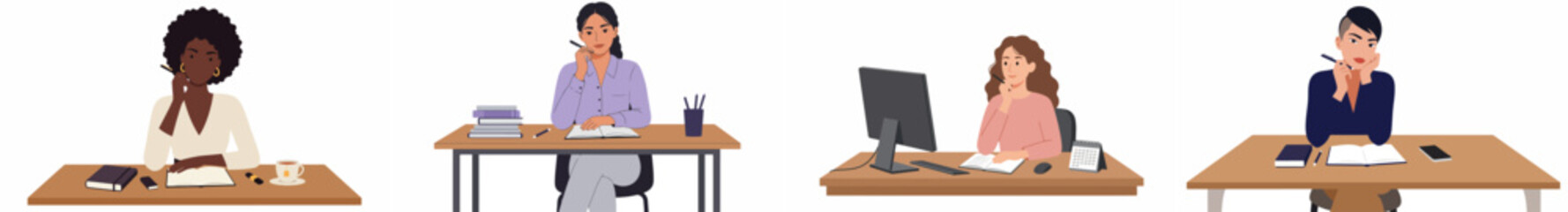 Four women working at wooden desks in a professional office environment