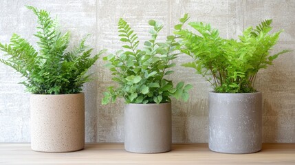 Fototapeta premium Potted ferns in decorative pots against light wall