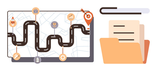 Roadmap with milestones on curved path on digital screen and folder with documents. Ideal for business planning, strategy, project workflow, goal-setting, organization, task tracking, simple flat