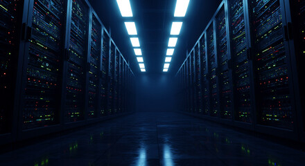 Fototapeta premium Data center servers glow in the dark, showcasing rows of computer racks with blinking lights, ideal for illustrating technology infrastructure, cloud computing, and data storage solutions.