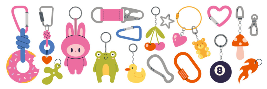 Trendy set of colorful cute keychains, toys, charms, carabiner and decorative bag accessories. Modern vector illustration isolated on white background, hand drawn, flat design