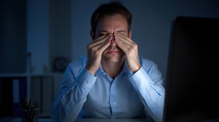 Man rubbing eyes at desk at night