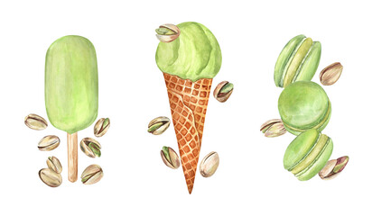 Watercolor illustration of pistachio nuts and desserts: ice cream and macaroons, isolated on transparent. For stickers, cookbooks, cafe decorations, menu, and more