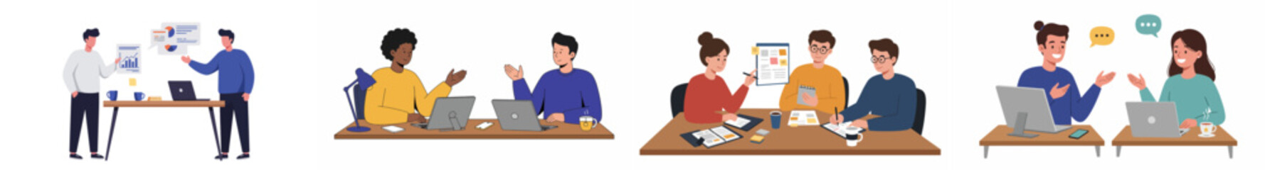Collaborative office illustration with four interconnected scenes of professional interactions