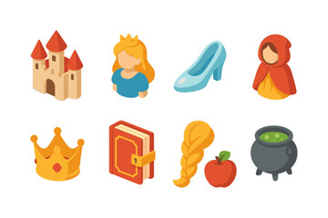 Fairy tale isometric icons set featuring princess, castle, and magic elements
