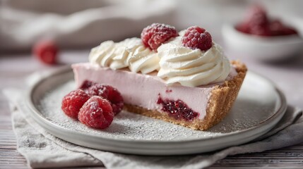 Raspberry cream pie slice with whipped topping and powdered sugar on ceramic plate.
