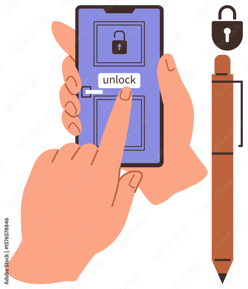 Aufkleber hands tapping unlock button on smartphone with padlock icon, symbolizing data security. pen with pad