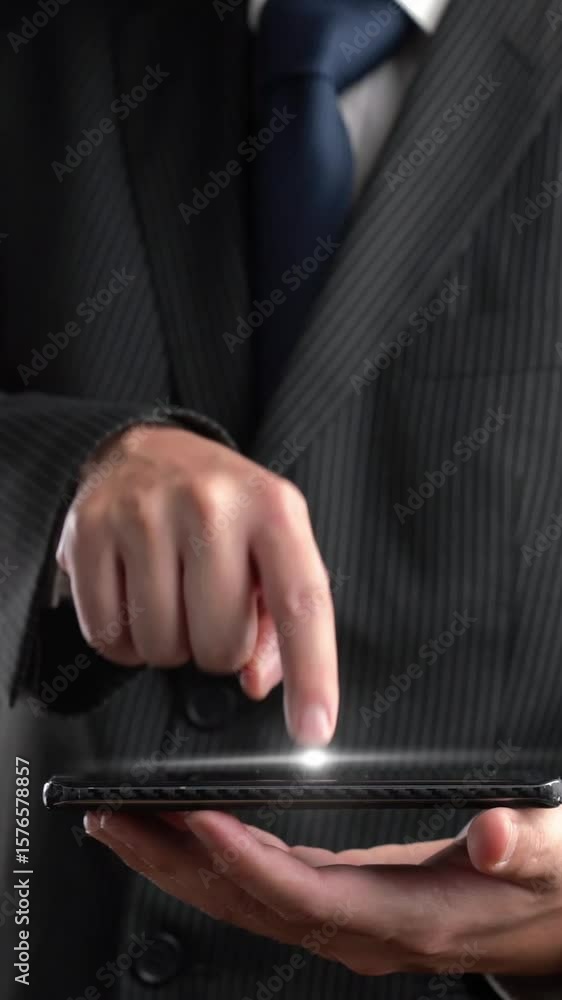 Poster businessman show hologram of global network communication allusive technology. virtual augmented rea