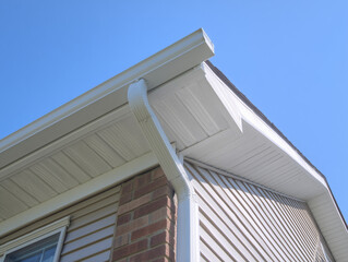 White gutter guard system, fascia, drip edge, soffit, and downspout strap with horizontal vinyl siding at an upscale single-family home neighborhood. 