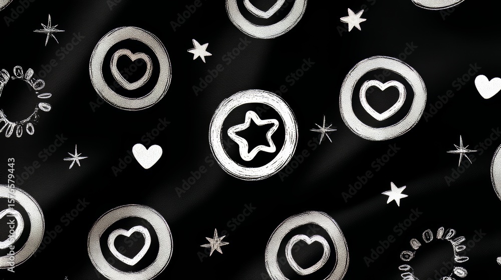 Poster black and white design featuring stars and hearts. the design is made up of various shapes and sizes