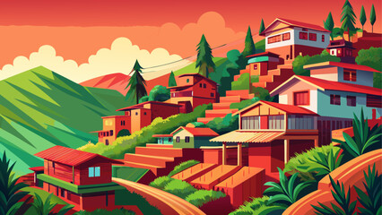 Fototapeta premium Antananarivo, Madagascar – Hillside homes in warm reds overlook rice paddies and stone streets. Terraces bloom with tropical greens, offering texture and charm for vector-rich compositions.