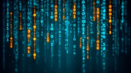 Blue and orange background with a series of numbers. The numbers are in a zigzag pattern and are in different colors. The image has a futuristic and technological vibe