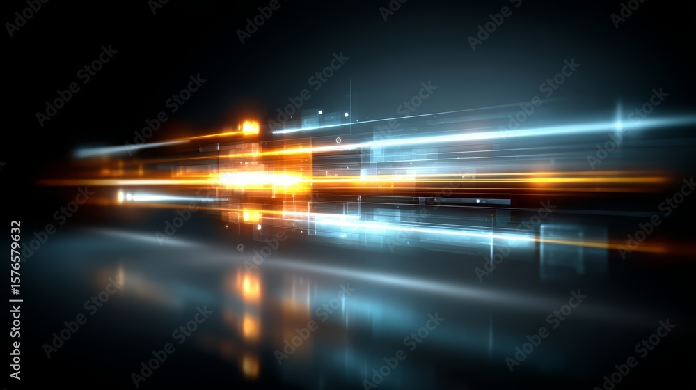Poster bright blue and orange line of light is reflected in a mirror. the reflection is blurry and distorte