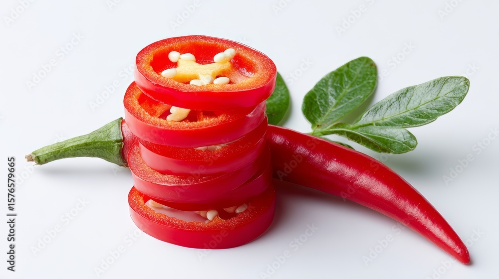 Poster bunch of red peppers are piled on top of each other. the peppers are sliced and arranged in a pyrami