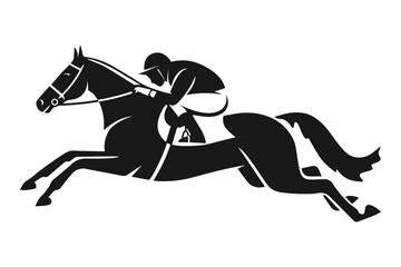 Racehorse and jockey in full sprint captured in dynamic black and white vector silhouette