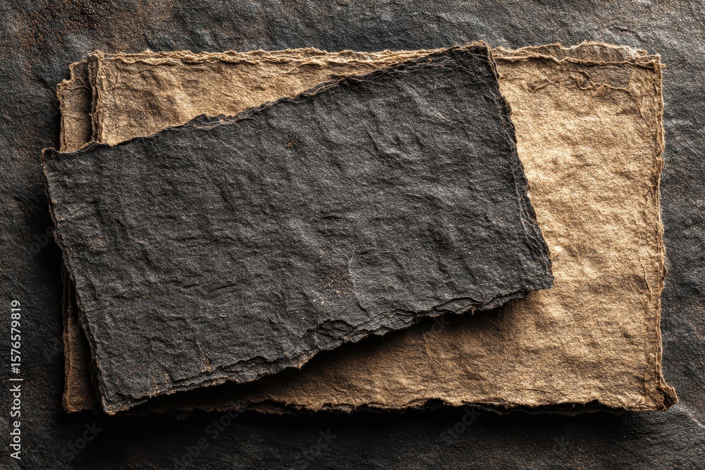 Poster five sheets of handmade paper ranging in color from light tan to dark gray displayed on a black surf