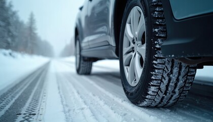 Car drives on snowy road with winter tires. Close-up of tire treads shows deep grooves for grip on ice and snow. Seasonal winter driving conditions require special tires for safe travel.
