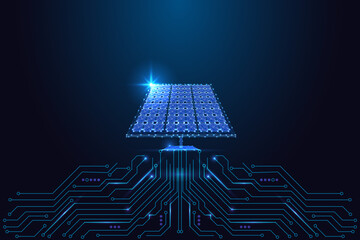 Futuristic digital solar panel on circuit board representing AI-powered clean energy, sustainability