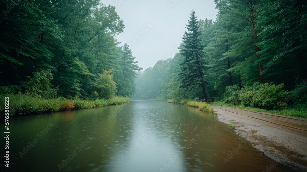 Aufkleber forest with a river running through it. the water is calm and the sky is cloudy. the trees are lush 