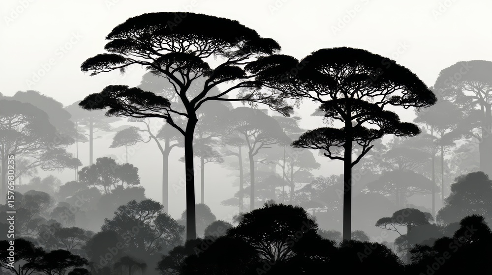 Poster forest with two trees in the foreground and many trees in the background. the trees are tall and dar